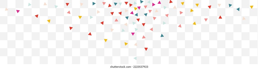 Happy Dreieck festlicher Vektortransparenter Panoramablick Hintergrund. Hintergrundbild der Unabhängigkeitselemente. Einladung Geometrischer Hintergrund. Rainbow Confetti Weihnachtskarte.