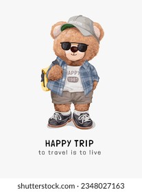 happy trip slogan with cute bear toy carrying backpack vector illustration