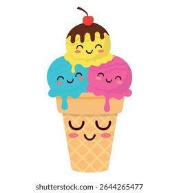 Happy triple scoop ice cream cone