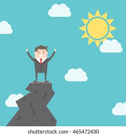 Happy triumphant man standing on top of rock above clouds on blue sky background with sun. Success, achievement and goal concept. EPS 8 vector illustration, no transparency