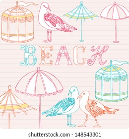 Happy Tropical Paradise - with a sunny day on blue background.Vector illustration