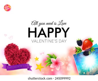 Happy tropical Valentines Day vector card design with frangipani, a red floral heart with purple banner and fresh berries over a sunburst image with text on a white background with copyspace