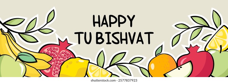 Happy Tu Bishvat banner with fruits, pomegranate, oranges, apples