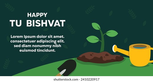 Happy Tu Bishvat card, Jewish holiday greeting card for fruit trees. Vector illustration background, banner, poster with shovels, plants and plant sprinklers. Area for text. Tu Bishvat 