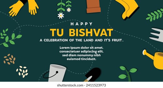 Happy Tu Bishvat card, the Jewish holiday for fruit trees. Vector illustration background, banner, poster with shovels, plants, gloves, boots, plant sprinklers and more. Tu Bishvat