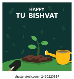 Happy Tu Bishvat, the Jewish holiday for fruit trees. Vector illustration background, banner, poster with shovels, plants and plant sprinklers. Tu Bishvat