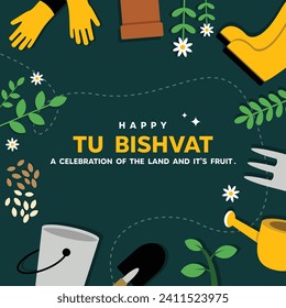 Happy Tu Bishvat, the Jewish holiday for fruit trees. Vector illustration background, banner, poster with shovels, plants, gloves, boots, plant sprinklers and more. Tu Bishvat