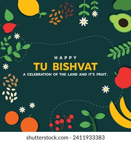 Happy Tu Bishvat, Jewish holiday for fruit and trees. Vector illustration background, banner, poster with apples, avocados, cherries and other fruits. Tu Bishvat