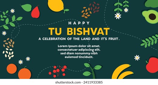 Happy Tu Bishvat, Jewish holiday greeting card for fruit and trees. Vector illustration background, banner, poster with apples, avocados, cherries and other fruits. Tu Bishvat