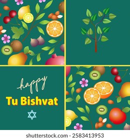 Happy Tu Bishvat. Jewish holiday. New Year of Trees. Poster, greeting card, cover, booklet, flier. Lettering, fruit pattern and green tree.