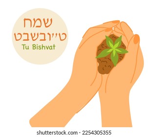 Happy Tu Bishvat on Hebrew. Hand holding Green sprout Concept.  Planting Seeds of Change. New Year for Trees, Jewish Holiday. Vector cartoon illustration isolated on the white background.