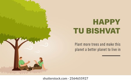 Happy Tu Bishvat on Hebrew. Tu Bishvat Background with Watering Flowers Concept. New Year for Trees, Jewish Holiday. 