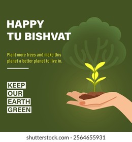 Happy Tu Bishvat on Hebrew. Tu Bishvat Background with Watering Flowers Concept. New Year for Trees, Jewish Holiday. 