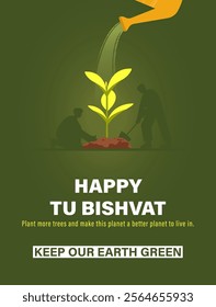 Happy Tu Bishvat on Hebrew. Tu Bishvat Background with Watering Flowers Concept. New Year for Trees, Jewish Holiday. 