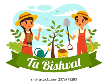 Happy Tu Bishvat Vector Illustration. Translation the Jewish New Year for Trees. Kids Planted a Tree in the Yard in Flat Cartoon Background Design