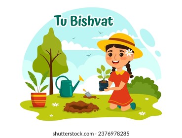 Happy Tu Bishvat Vektor Illustration. Übersetzung des jüdischen Neujahrs für Bäume. Kinder pflanzten einen Baum in den Garten in flachem Cartoon-Hintergrund-Design