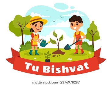 Happy Tu Bishvat Vector Illustration. Translation the Jewish New Year for Trees. Kids Planted a Tree in the Yard in Flat Cartoon Background Design