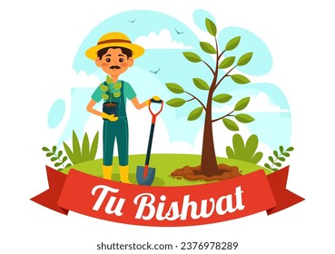 Happy Tu Bishvat Vector Illustration. Translation the Jewish New Year for Trees. Kids Planted a Tree in the Yard in Flat Cartoon Background Design