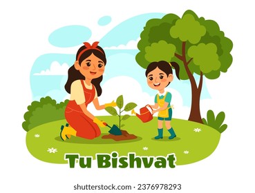 Happy Tu Bishvat Vector Illustration. Translation the Jewish New Year for Trees. Kids Planted a Tree in the Yard in Flat Cartoon Background Design