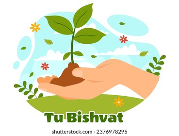 Happy Tu Bishvat Vector Illustration. Translation the Jewish New Year for Trees. Kids Planted a Tree in the Yard in Flat Cartoon Background Design