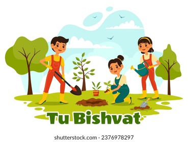 Happy Tu Bishvat Vector Illustration. Translation the Jewish New Year for Trees. Kids Planted a Tree in the Yard in Flat Cartoon Background Design