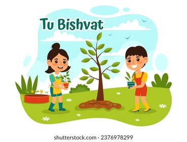 Happy Tu Bishvat Vektor Illustration. Übersetzung des jüdischen Neujahrs für Bäume. Kinder pflanzten einen Baum in den Garten in flachem Cartoon-Hintergrund-Design