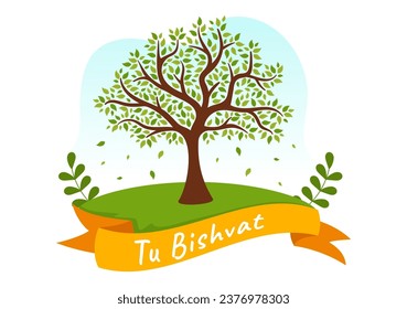 Happy Tu Bishvat Vector Illustration. Translation the Jewish New Year for Trees. Kids Planted a Tree in the Yard in Flat Cartoon Background Design