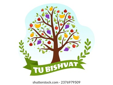 Happy Tu Bishvat Vector Illustration. Translation the Jewish New Year for Trees. Kids Planted a Tree in the Yard in Flat Cartoon Background Design