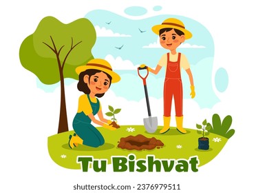 Happy Tu Bishvat Vector Illustration. Translation the Jewish New Year for Trees. Kids Planted a Tree in the Yard in Flat Cartoon Background Design