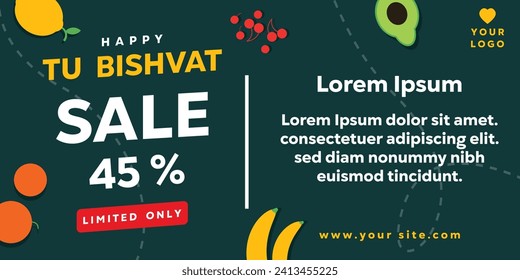 Happy Tu Bishvat. Vector illustration happy Tu Bishvat sale. Discount 45 % with dark green background, suitable for banner, card, poster and more.