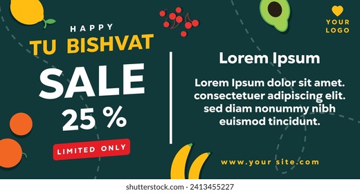 Happy Tu Bishvat. Vector illustration happy Tu Bishvat sale. Discount 25% with dark green background, suitable for banner, card, poster and more.