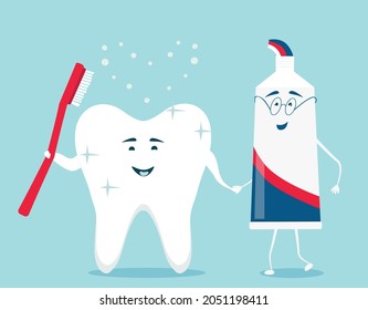 A happy tube of toothpaste, a tooth, a toothbrush go together. Cute, kind smiley, cartoon. Vector illustration.