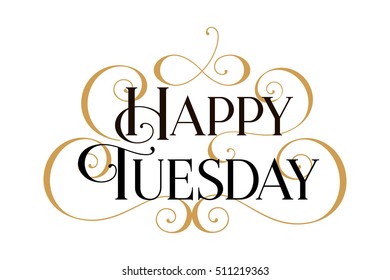 Happy Tuesday. Handwritten modern brush black text, gold swirl, white background. Beautiful lettering invitation card, greeting, prints, banner. Typographic inscription, calligraphic design vector
