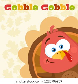 Happy Turkey Bird Cartoon Character Waving From A Corner. Vector Illustration Flat Design With Background And Text