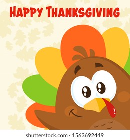 Happy Turkey Bird Cartoon Character Waving From A Corner. Vector Illustration Flat Design With Background And Text