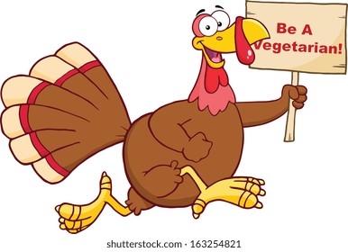 Happy Turkey Bird Character Running With A Blank Wood Sign. Vector Illustration Isolated on white