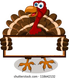 happy Turkey Cartoon with blank sign