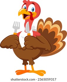 Happy Turkey Cartoon Character With Knife And Fork. Vector Illustration Flat Design Isolated On Transparent Background