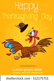 Happy turkey cartoon running isolated on orange background. Vector cartoon poster