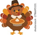 Happy turkey character holding pie with autumn leaves in warm fall colors. Perfect for Thanksgiving posters, printable decorations, greeting cards, and seasonal holiday graphics.