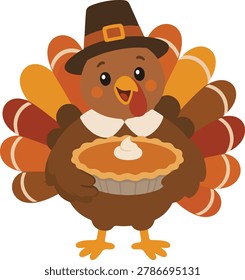 Happy turkey character holding pie with autumn leaves in warm fall colors. Perfect for Thanksgiving posters, printable decorations, greeting cards, and seasonal holiday graphics.