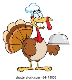 Happy Turkey Chef Serving A Platter