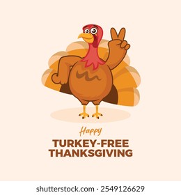 Feliz Ilustración vectorial de carteles de Acción de Gracias Gratis de Turquía. Vector lindo del icono del gesto de la mano de la paz del pájaro del pavo. Dibujos animados del gesto de la mano de la victoria del pájaro de Turquía. Plantilla para el fondo, Anuncio, tarjeta