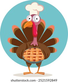 
Happy Turkey Holding a Pie Vector Cartoon Character. Cheerful mascot chef with delicious meal for Thanksgiving party
