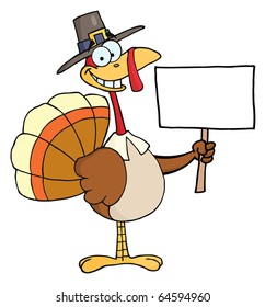 Happy Turkey With Pilgrim Hat Holding A Blank Sign