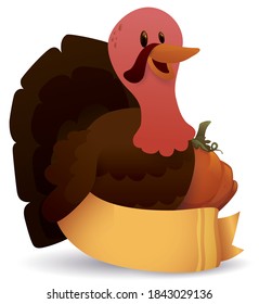 Happy turkey with pumpkin behind a ribbon with blank space to celebrate Thanksgiving, over white background.