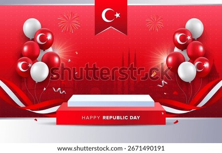 Happy Turkey Republic Day rectangle podium design with wavy ribbons on red background. Turkey Independence day template for banners, posters, cards, flyers template. Vector illustration.