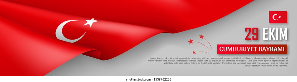 Happy turkish national day festive banner. 29 ekim Cumhuriyet Bayrami. Translation: 29 october, republic day of Turkey country. Background with realistic fluttering turkish flag vector illustration.