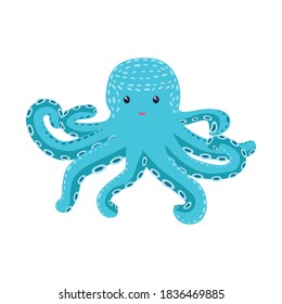 Happy Turquoise Octopus Cartoon Mascot Character. Marine inhabitants, Scandinavian style, hand drawn