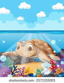 Happy turtle amidst colorful coral and clear waters